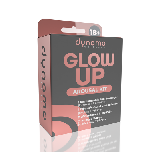Glow Up Intimacy Kit with rechargeable mini massager, arousal cream, lubricant and intimate wipes - Front