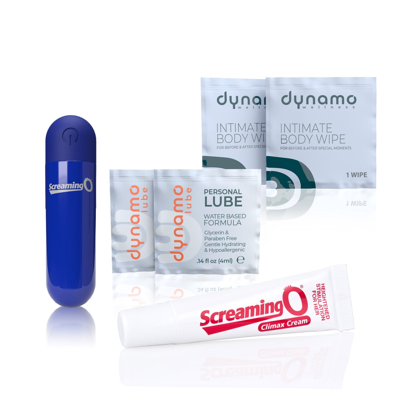 Glow Up Intimacy Kit with rechargeable mini massager, arousal cream, lubricant and intimate wipes - Group