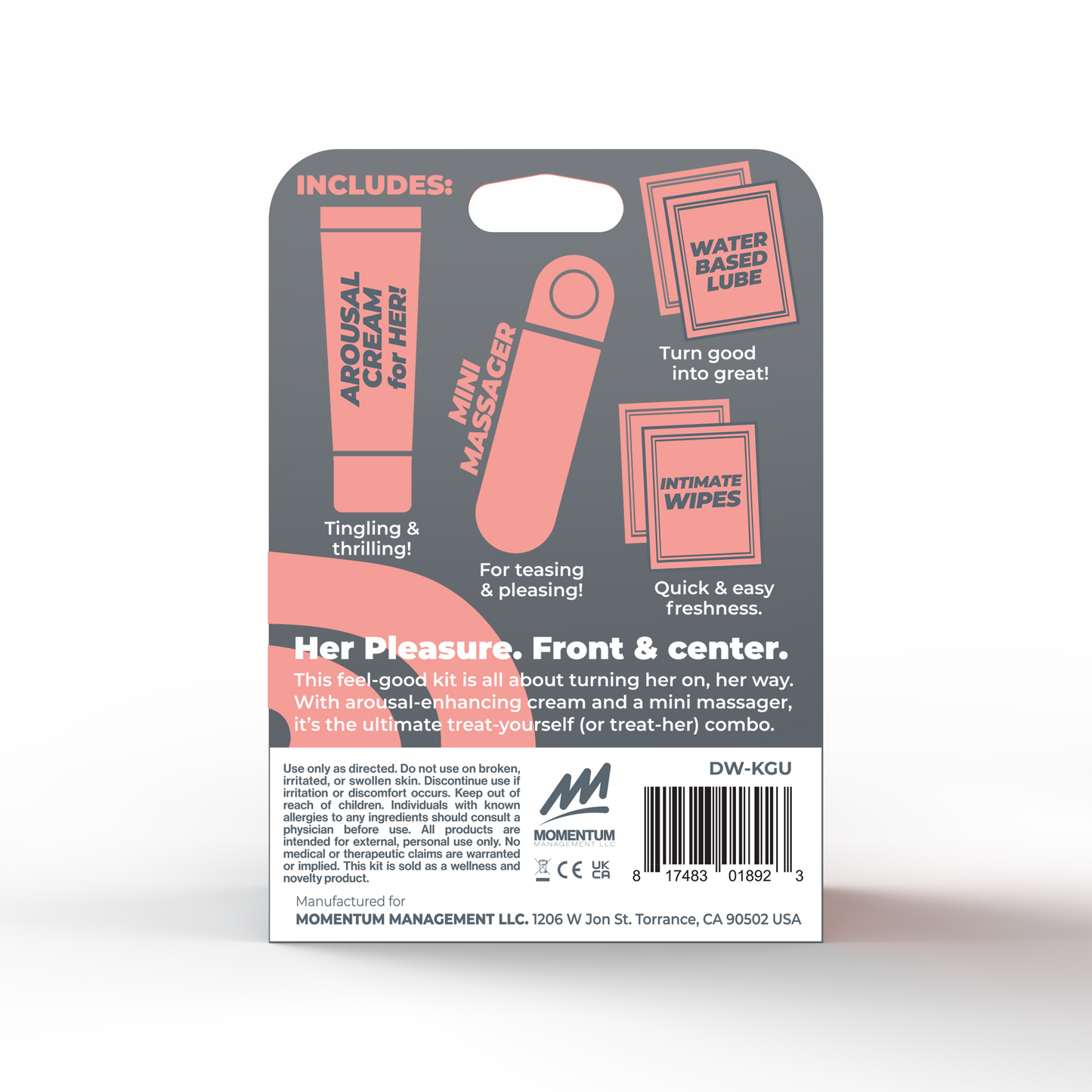 Glow Up Intimacy Kit with rechargeable mini massager, arousal cream, lubricant and intimate wipes - Rear