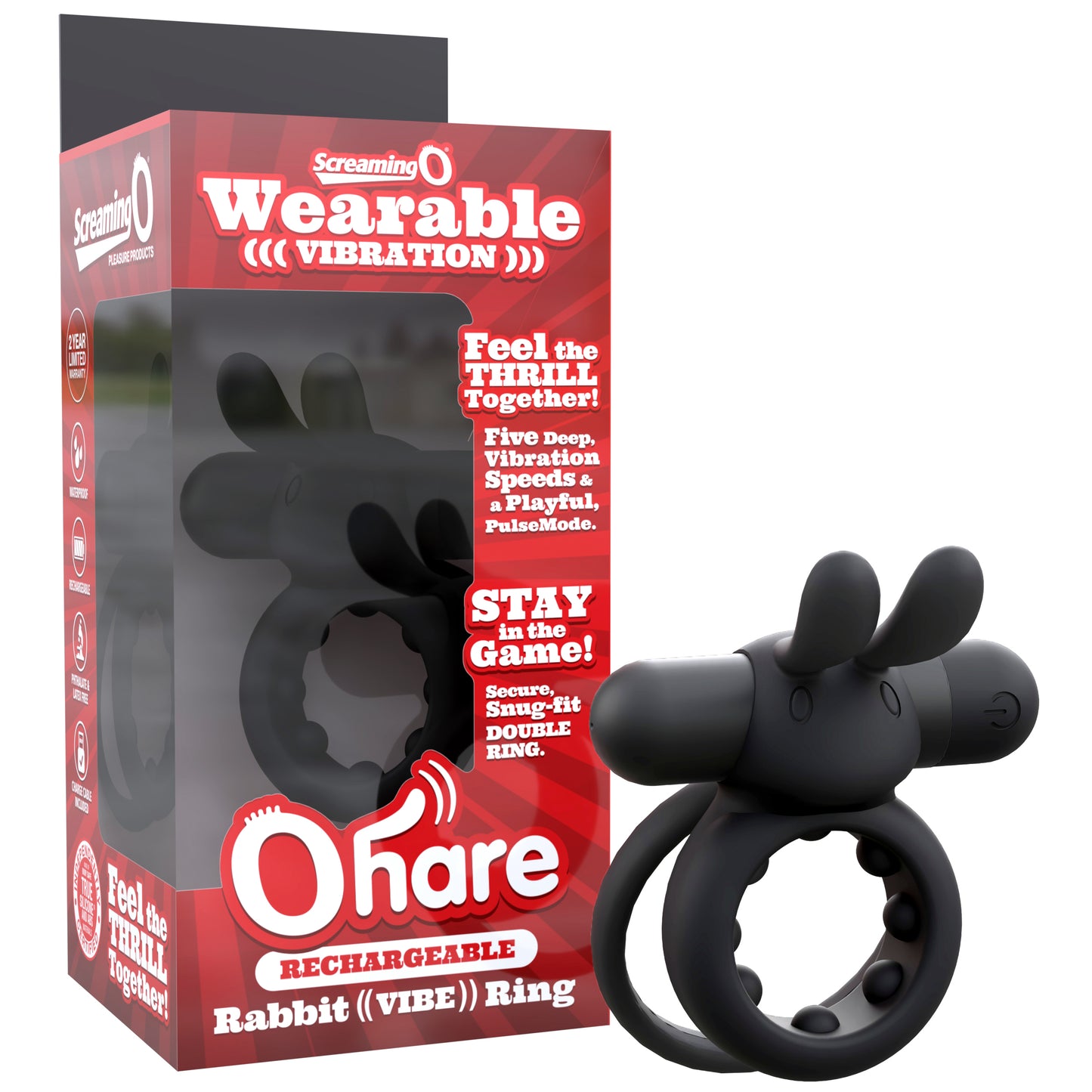 ScreamingO Ohare black rechargeable vibrating cock ring with flexible rabbit ears