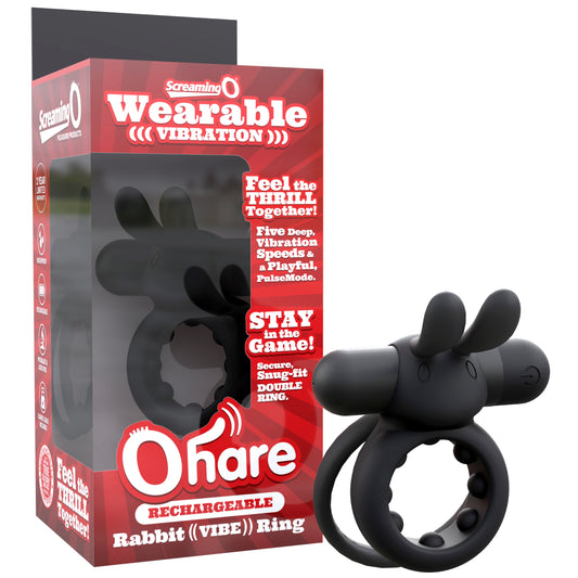 ScreamingO Ohare black rechargeable vibrating cock ring with flexible rabbit ears