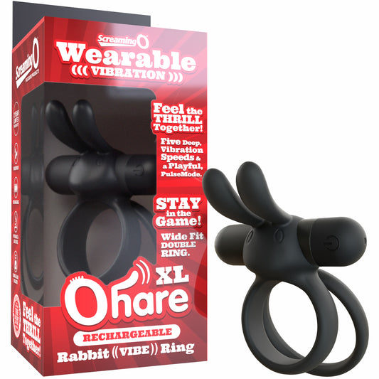 ScreamingO Ohare XL black rechargeable vibrating cock ring with flexible rabbit ears